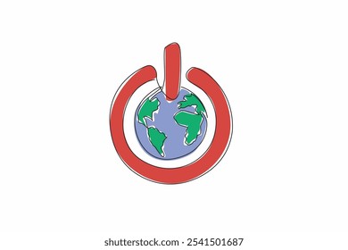 Uma única linha desenhando o globo no meio do botão liga/desliga. Desligue a energia. Apague as luzes. A Terra é um modo de economia de energia. Dia da Hora da Terra. Ilustração gráfica de design de linha contínua