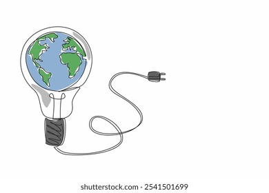 Single one line drawing globe in middle of wired bulb lamp. Easy examples. Unplug the power cord from the power source. Turn off the lights. Earth Hour Day. Continuous line design graphic illustration