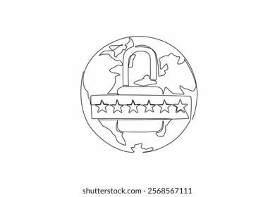 Single one line drawing globe with an open padlock in the middle. Use a unique combination of letters and numbers for the password. World Password Day. Continuous line design graphic illustration