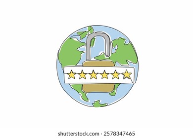 Single one line drawing globe with an open padlock in the middle. Use a unique combination of letters and numbers for the password. World Password Day. Continuous line design graphic illustration