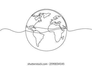 Single one line drawing a globe with water in the center. 71 percent of surface of the earth is ocean. Protect the sea from pollution. Mother Ocean Day. Continuous line design graphic illustration