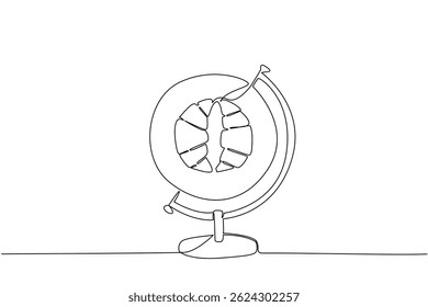 Single one line drawing a globe with a round plate in the middle containing 2 croissants. World Baking Day. Instant energy source. High in carbohydrates. Continuous line design graphic illustration