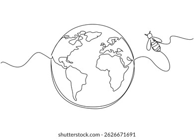 Single one line drawing a globe with bees flying around on the side. Bees migrate. Moving away from the decreasing best nesting grounds. World Bee Day. Continuous line design graphic illustration