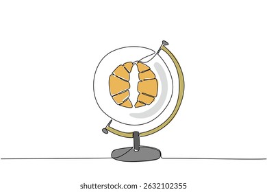 Single one line drawing a globe with a round plate in the middle containing 2 croissants. World Baking Day. Instant energy source. High in carbohydrates. Continuous line design graphic illustration