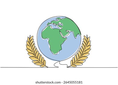 Single one line drawing globe with two wheat stalks on the right and left. Symbol of uneven food distribution around the world. Awareness. World Hunger Day. Continuous line design graphic illustration