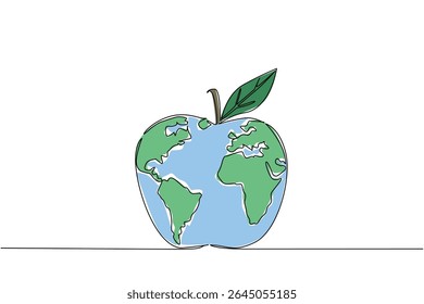 Single one line drawing globe made like an apple with leaves. The good vitamin content of an apple. Not everyone can eat it. Problem. World Hunger Day. Continuous line design graphic illustration