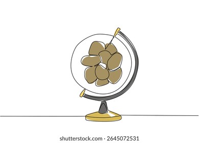 Single one line drawing a globe with a pile of potatoes in the middle. Symbolism of potato cultivation in the world. Tasty. International Day of the Potato. Continuous line design graphic illustration