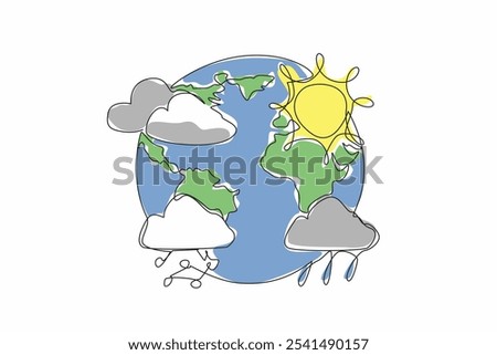 Single one line drawing globe with various weather prediction icons. The north is in summer. The south entering the rainy season. World Meteorological Day. Continuous line design graphic illustration