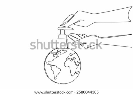 Single one line drawing globe topped with the top of soap bottle. Global concern requires hand washing. For healthy living. Protect. World Hand Hygiene Day. Continuous line design graphic illustration