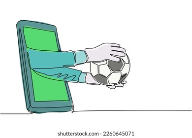 Single one line drawing goalkeeper hand holds soccer ball through mobile. Concept for online games, sports broadcasts. Smartphone with app soccer football. Continuous line draw design vector graphic