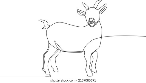 Single one line drawing a goat for sacrifice. Happy Eid Al Adha. Continuous line draw design graphic vector illustration.