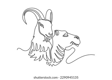 Single one line drawing Goat and camel. Happy Eid Al Adha. Continuous line draw design graphic vector illustration.