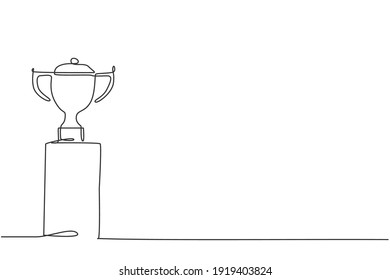 Single one line drawing of gold winning trophy on podium. Tournament champion achievement appreciation minimal concept. Modern continuous line draw design graphic vector illustration