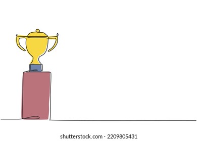 Single one line drawing of gold winning trophy on podium. Tournament champion achievement appreciation minimal concept. Modern continuous line draw design graphic vector illustration