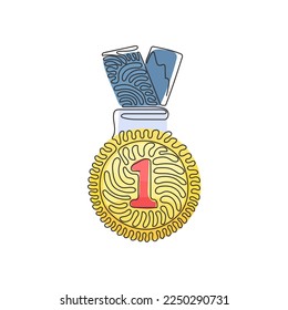 Single one line drawing gold medal for first place. Gold medal on ribbon. Award for victory winning first placement achievement. Swirl curl style. Continuous line design graphic vector illustration