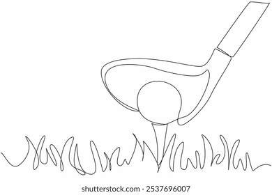 Una sola línea de dibujo de pelota de golf en el césped y detrás de ella es un club de golf. Empezar a correr para que sea más fácil golpear. Preparación antes de golpear. Ilustración gráfica de diseño de línea continua