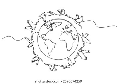 Single one line drawing goose flies mass around globe full. Go in groups to avoid predatory birds. Avoiding summer in the south. World Migratory Bird Day. Continuous line design graphic illustration