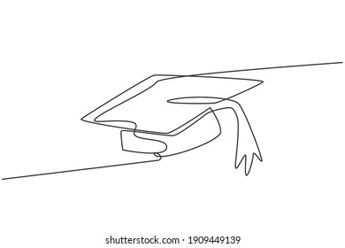 Single One Line Drawing Of Graduation Hat For Graduating College Student. Back To School Minimalist, Education Concept. Continuous Simple Line Draw Style Design Graphic Vector Illustration