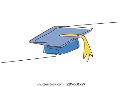 Single one line drawing of graduation hat for graduating college student. Back to school minimalist, education concept. Continuous simple line draw style design graphic vector illustration