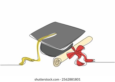 Single one line drawing graduation hat and ribbon graduation paper roll. Certificate of graduation. Best achievement. Satisfying. National Dissertation Day. Continuous line design graphic illustration