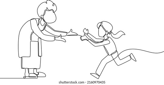 Single one line drawing is granddaughter runs and wants to hug her grandmother. Grandparents day. Continuous line draw design graphic vector illustration.