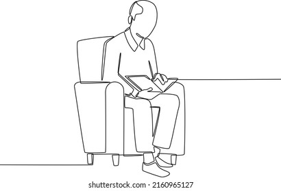 Single one line drawing is grandfather is reading a book on the sofa. Grandparents day. Continuous line draw design graphic vector illustration.