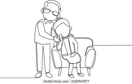 Single one line drawing is grandma 
 sitting on the sofa and grandpa giving support to grandma with love. Grandparents day. Continuous line draw design graphic vector illustration.