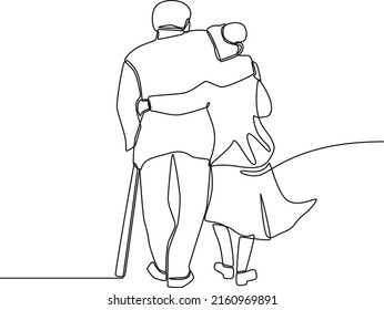 Single one line drawing is Grandma supports Grandpa walking with cane. Grandparents day. Continuous line draw design graphic vector illustration.