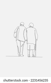 Single one line drawing grandpa and grandma walk together, file editable. Continuous line draw design graphic vector illustration