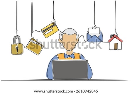 Single one line drawing a grandpa typing on laptop and some icons that require login. Data that is vulnerable to theft. National Senior Fraud Awareness Day. Continuous line design graphic illustration
