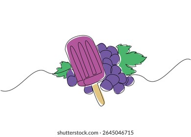 Uma única linha desenhando picolés de uva com uvas nas costas. Os principais ingredientes para fazer picolés refrescantes no verão. Frio. Dia do Picolé das Uvas. Ilustração gráfica de design de linha contínua