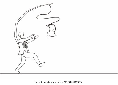 Single one line drawing greedy businessman or manager is running after money. Greedy man in business suit with attached rod and dollar. Modern continuous line draw design graphic vector illustration