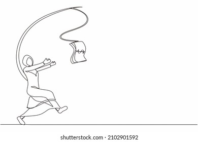 Single one line drawing greedy Arabian businesswoman or manager is running after money. Greedy woman in business blazer with attached rod and dollar. Continuous line design graphic vector illustration