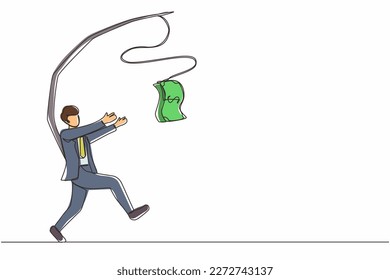 Single one line drawing greedy businessman or manager is running after money. Greedy man in business suit with attached rod and dollar. Modern continuous line draw design graphic vector illustration