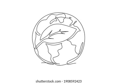 Single one line drawing of green leaf on globe earth. Leaf tree icon for green nature concept. Infographics, save environment campaign isolated on white background. Design vector graphic illustration