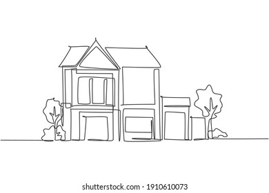 Single one line drawing of green fresh modest house at countryside. Home eco building construction isolated doodle minimal concept. Trendy continuous line draw design graphic vector illustration