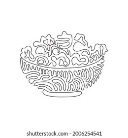 Single one line drawing green salad of fresh vegetables in salad bowl. Healthy appetizer for human body. Health food. Swirl curl style. Modern continuous line draw design graphic vector illustration