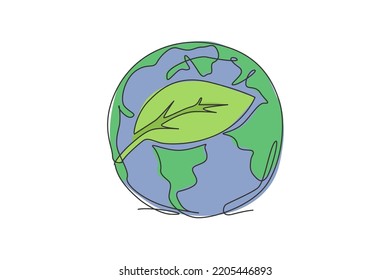 Single one line drawing of green leaf on globe earth. Leaf tree icon for green nature concept. Infographics, save environment campaign isolated on white background. Design vector graphic illustration
