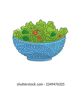 Single one line drawing green salad of fresh vegetables in salad bowl. Healthy appetizer for human body. Health food. Swirl curl style. Modern continuous line draw design graphic vector illustration