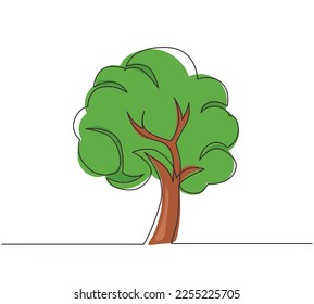 Single one line drawing green tree fertile on white background, trees for decorating garden and home designs. Earth day, ecology concept. Modern continuous line draw design graphic vector illustration