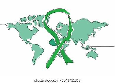 Single one line drawing green ribbon whose center circle forms silhouette of the head. Raise awareness globally. National Cerebral Palsy Awareness Month. Continuous line design graphic illustration