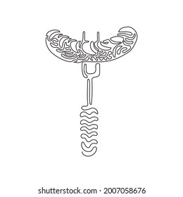 Single one line drawing grilled sausage line and glyph icon, barbecue and food, sausage on fork sign. Delicious meal. Swirl curl style. Modern continuous line draw design graphic vector illustration