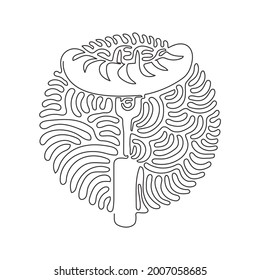 Single one line drawing grilled sausage line and glyph icon, barbecue and food, sausage on fork sign. Swirl curl circle background style. Modern continuous line draw design graphic vector illustration