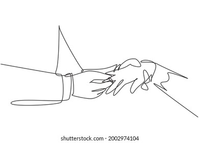 Single one line drawing groom puts ring on finger of bride. Bride and groom make vow of loyalty on their wedding day. Marriage ceremony celebration concept. Modern continuous line draw design graphic