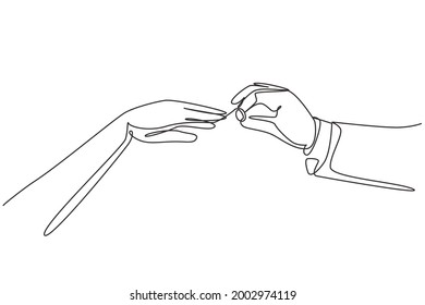 Single one line drawing groom puts ring on finger of bride. Bride and groom make vow of loyalty on their wedding day. Marriage ceremony celebration concept. Modern continuous line draw design graphic