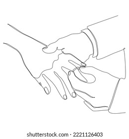 
Single one line drawing groom puts ring on finger of bride. Bride and groom make vows of loyalty on their wedding day. Marriage Ceremony Celebration Concept. Modern continuous line draw graphic desig