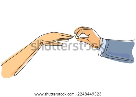 Single one line drawing groom puts ring on finger of bride. Bride and groom make vow of loyalty on their wedding day. Marriage ceremony celebration concept. Modern continuous line draw design graphic