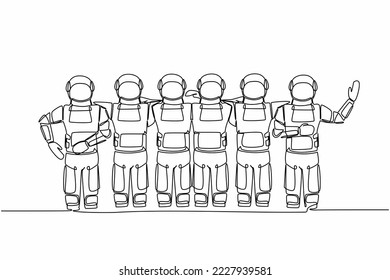 Single one line drawing group of astronaut are hugging. Happy friendship day with diverse friends of spaceman hugging together. Cosmic galaxy space. Continuous line graphic design vector illustration