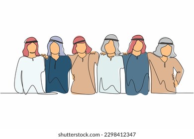 Single one line drawing group of Arabian men are hugging. Male together. Happy friendship day with diverse friends of people hugging together. Continuous line draw design graphic vector illustration