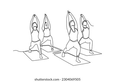 Un grupo de dibujo de una sola línea de yoga en clase. Clasifica el concepto. Ilustración gráfica de vector de diseño de línea continua.